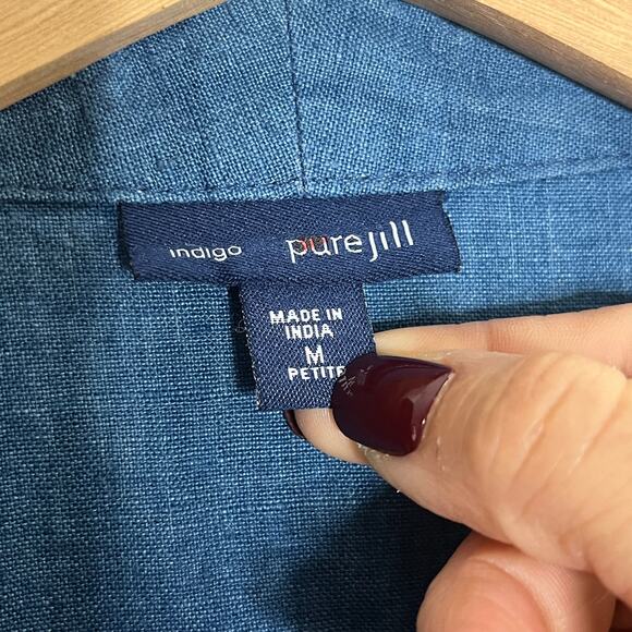 Purejill Women's Indigo Linen Open Front Blazer Jacket with Patch Pockets Medium - Picture 3 of 8
